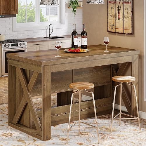 Tribesigns Kitchen Island with Storage and Seating, 55" Farmhouse Stationary Island Table, Wooden Kitchen Bar Table with 2 Drawers and Open Shelf, Brown thumbnail 5