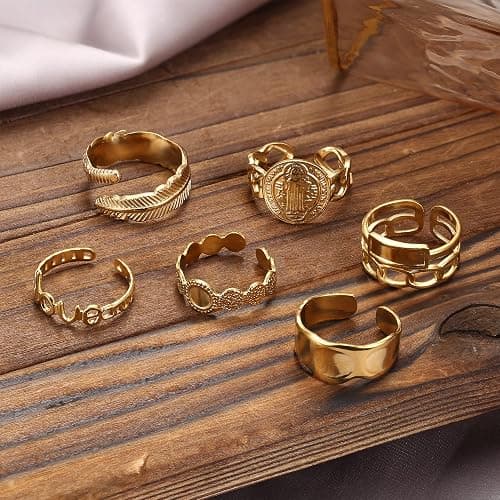 FIOROYAL 12Pcs 𝟏𝟖𝐊 𝐆𝐨𝐥𝐝 𝐏𝐥𝐚𝐭𝐞𝐝 Rings for Women Stainless Steel Stackable Rings Boho Signet Snake Ring Adjustable Open Ring Chunky Knuckle Rings Set Gold thumbnail 6