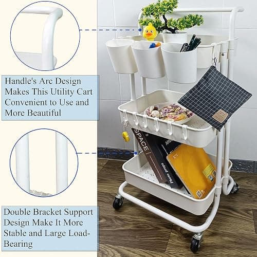 Freletry 3 Tier Rolling Utility Cart Multifunction Storage Organizer Shelf Rack with Lockable Wheels 3PCS Cups and 8PCS Hooks for Home Office Kitchen Bathroom Store (White) thumbnail 4
