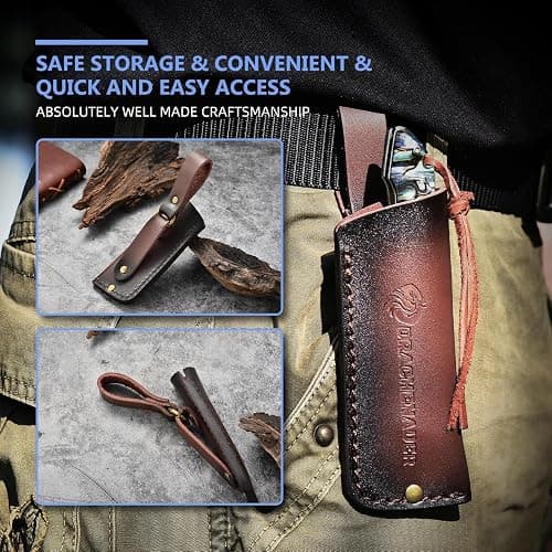 DRACHENADER Damascus Pocket Knife, 8.97" Tanto Folding Knife Handmade Forged VG10 Core 67-Layer Damascus Steel with Abalone Seashell Handle, Leather Sheath thumbnail 7