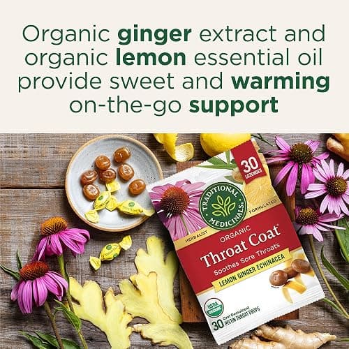 Traditional Medicinals Lozenges, Organic Throat Coat Lemon Ginger Echinacea, Sore Throat Support, 30 Individually Wrapped Lozenges thumbnail 3