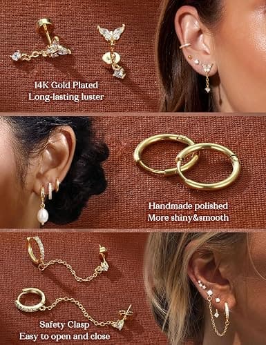 LOLIAS Hypoallergenic Flat Back Earrings Set for Women-Surgical Stainless Steel Earrings for Sensitive Ears-14K Gold Plated Cartilage Earring Stacks Flatback Stud Hoop Earring Sets for Multiple Piercing Jewelry thumbnail 4