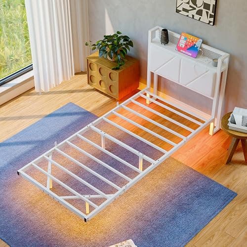 HAHRIR Single Floating Metal Bed Frame with LED Lights & USB Charging Station, 90×190cm Metal Platform Bed Frame with 3ft Upholstered Headboard Storage,Heavy Duty Metal Slats, Noise Free/White thumbnail 7