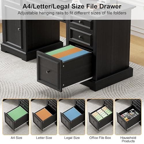 Vipbear 60" Executive Desk, Farmhouse Computer Desk with Drawers and File Cabinet, Embossed Texture Home Office Desks, Workspace for Work Study Writing, Black thumbnail 5