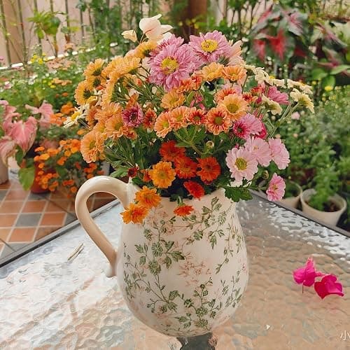 Ceramic Green and White Floral Vase with Handle, Rustic Farmhouse Pitcher Flower Vase, Chinoiserie Floral Vase for Home Decor, Living Room, Shelf, Office, Rustic Table Centerpiece 8 Inch thumbnail 9