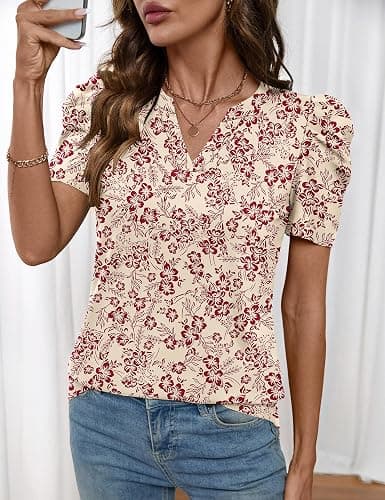 LOMON Spring Summer Tops for Women 2026 V Neck Puff Short Sleeve Tops Fashion Trendy Work Blouses Dressy Casual S-XXL thumbnail 3