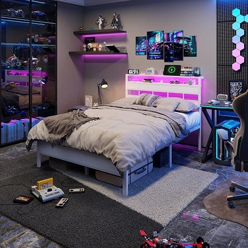 Furnulem Full Size Bed Frame with LED Light and Charging Station, Wood Storage Headboard with 2-Tier Shelves, Metal Platform Bed with Heavy Duty Slats Support, No Box Spring Needed, White thumbnail 9