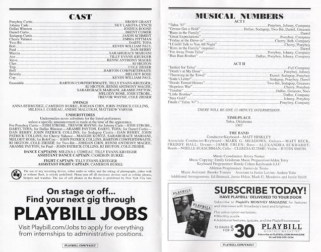 Brody Grant "THE OUTSIDERS" Brent Comer/Jason Schmidt/Sky Lakota-Lynch/Emma Pittman/January 2025 Broadway Musical Playbill with (2) Two Advertising Flyers thumbnail 4