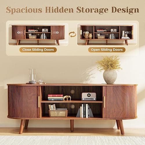 PRAISUN 54 Inch Fluted TV Stand for TVs up to 55 Inch, TV Media Console with Power Outlets and USB-C Port, Entertainment Center with Storage, Curved Sliding Doors, Adjustable Shelf, Brown thumbnail 5