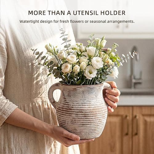 CWFutwell Rustic Utensil Holder for Kitchen Counter - Large Ceramic Farmhouse Cooking Utensil Crock & Organizer for Spatula, Spoon - Vintage Kitchen Decor (Taupe) thumbnail 8