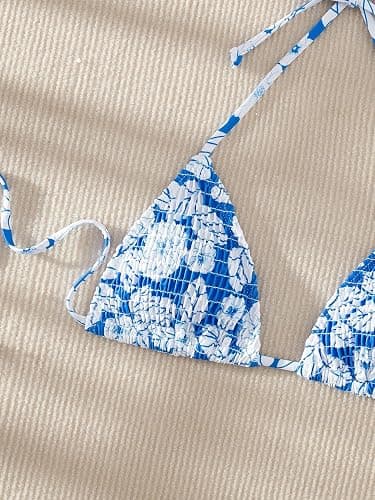 SHENHE Women's Triangle Halter Bikini Top Floral Tie Back Smocked Cute Swimsuit Top thumbnail 4