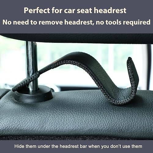 Amooca Car Seat Headrest Hook Universal Vehicle Storage Hanger Leather with Metal Car Seat Back Organizer for Handbag Purse Coat Black 2 Pack thumbnail 5