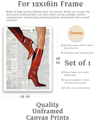 EcoHest UnFramed Trendy Newspaper Red Boots Wall Art, 12x16 in OAK Wood Fashion Icon Canvas Wall Art, Magazine Home Decor, Beige Logs Retro Set of 1 for Bedroom Living Room thumbnail 4