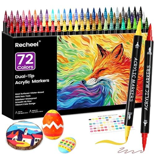 Recheel 72 Colors Acrylic Paint Markers, Dual Tip with Fine Tip and Brush Tip Pens for Stone, Wood, Canvas, Glass, Ceramic, Metal, Rock, Fabric, DIY Art Projects thumbnail 9