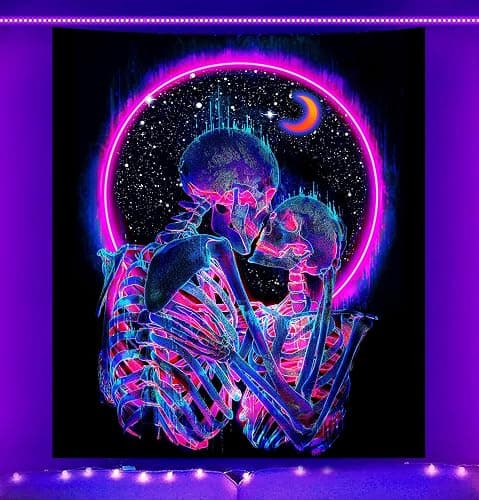 TUGCAY Blacklight Skull Tapestry Glow in the Dark Tapestry Kissing Lovers Tapestries Skeleton Neon Trippy Moon Stars Vertical Posters Wall Hanging Decor for Bedroom Aesthetic – 51.2” x 59.1” thumbnail 4