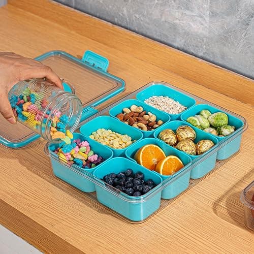 WACOI Divided Snack Serving Tray with Lid and Handle Travel Snackle Charcuterie Container Portable Storage Organizer for Candy, Fruits, Nuts, Snacks, Party, Picnic (1pack, Lake blue) thumbnail 4