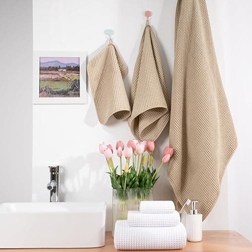 POLYTE 430 GSM Poly Blend Microfiber Quick Dry Waffle Bath Towel Set of 6 thumbnail 2