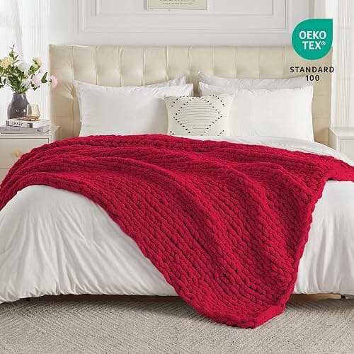 Carriediosa Chunky Knit Throw Blanket 50" X 60", 100% Hand Made Large Chenille Loop Yarn Soft Fluffy Throws for Couch Sofa Bed, Big Crochet Cozy Heavy Thick Cable Woven Blankets, Red thumbnail 5