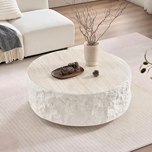 KEIKI 35" Fiberglass Round Coffee Table with Round Edge Design, Modern Style Imitation Stone Center Coffee Table, No Assembly Required, for Living Room, Bedroom, Reception Room, Beige thumbnail 3