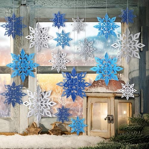 3D Hollow Christmas Winter Hanging Snowflakes Ornaments Decorations Glittery Large Snowflake Pendant Garlands for Winter Wonderland Party Home Decoration (Silver, Light Blue, Dark Blue,18 Pieces) thumbnail 6
