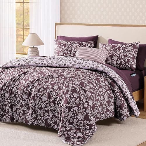 BLOOMHAVEN Queen Comforter Set -7 Pieces Floral Dark Purple Comforter Set for All Seasons, Bed in a Bag Queen with Botanical Flowers Comforter, Sheets, Pillowcases & Shams thumbnail 8