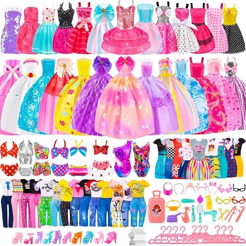 110 Pcs Doll Clothes and Accessories Dress up Toys for Girls with Wedding Dresses, Casual Dresses, Casual Jumpsuit, Swimsuits Bikini, Glasses, Shoes, Hangers, Doll Clothes Toys for Girl Gift - Image 1