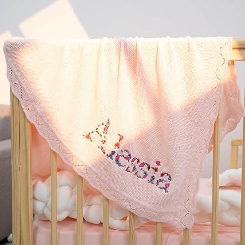 SWaddle AN Personalized Floral Embroidered Name Blanket – Soft Cotton Knit Newborn Blanket, Custom Keepsake Gift, Cozy Cover for Girls, Unique Shower Present thumbnail 4