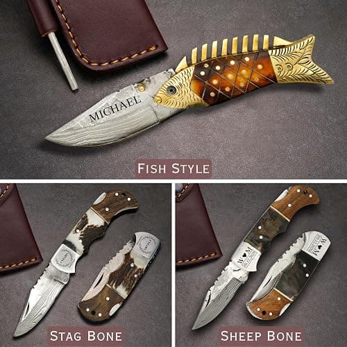 Personalized Folding Knife - Damascus Olive-Brown Pocket Knife, Custom Gift for Husband, Boyfriend, Dad, Son, Groomsmen, Perfect for Birthday, Anniversary, Father’s Day, Christmas Gift thumbnail 6
