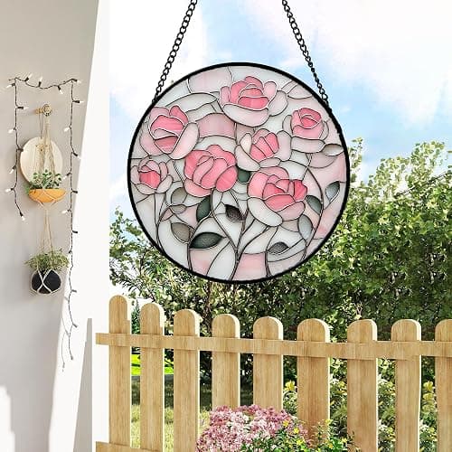 CHATYOUNG Stained Glass Window Hanging Abstract Flowers 6.3" - Suncatcher Bedroom Door Garden Home Decor and Christmas Valentine for Grandma Nana Mom Women Wife Girlfriend thumbnail 6