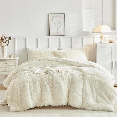 LenLuck Fluffy Full Size Comforter Set, Cream White Comforter with 2 Pillow Shams, Ultra Soft Thick Comforter, Fuzzy Bedding Plush Comforter Sets, Cozy Full Size Bed Set for All Seasons - Image 1
