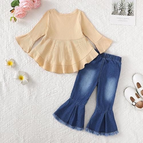Kucnuzki Toddler Baby Girls Clothes Long Sleeve Shirt Top Flare Denim Jeans Cute Outfit Baby Girl Fall Winter Clothes thumbnail 3
