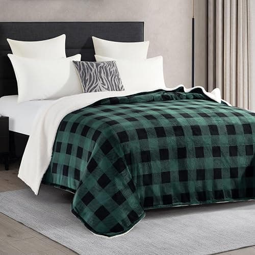 Elegant Comfort Ultra Soft Reversible Buffalo Plaid Flannel Sherpa Blanket - Cozy Silky Checkered Fleece Throw for Couch, Bed - Plush Fuzzy Warm Winter Blanket for Gift, Queen, Green thumbnail 3