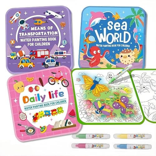 Water Painting Book for Kids - 4 Pack Magic Water Coloring Book with Water Pen Themes - Mess Free Water Art Book for Toddlers,No Mess Paint Coloring & Reusable Fun for Ages 3+ Travel Activity Toys - Image 1
