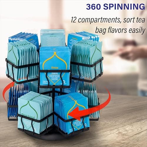 NHZ Tea Bag Organizer - Spinning Carousel Holder With 12 Compartments, Up to 140 Tea Bags Storage, Black Powder Coated Stainless Steel thumbnail 4