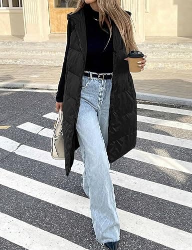 Lingswallow Long Puffer Vest Women Quilted Hooded Vests Outerwear Sleeveless Zip Up Coat Jackets With Pockets thumbnail 2