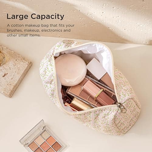 HBselect Initial Quilted Makeup Bag, Pink Cosmetic Travel Toiletry Bag, Flowers Coquette Zipper Make Up Pouch Organizer Teen Girl Gift Trendy Stuff M thumbnail 3