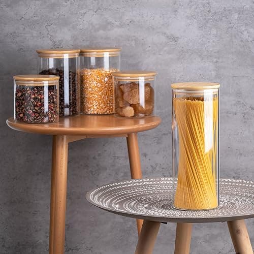 YUNCANG Glass Storage Jars [Set of 5],Clear Glass Food Storage Containers with Airtight Bamboo Lid Stackable Kitchen Canisters for Candy,Cookie,Rice,Sugar,Flour,Pasta,Nuts and Spice Jars - Circular thumbnail 2