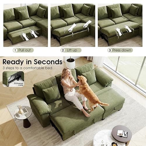 86" Modular Sectional Sleeper Sofa Bed, L Shaped 4 Seat Pull Out Couch with Storage Ottoman, Convertible Cloud Couch Bed, Sectional Couches for Living Room, Apartment (Green) thumbnail 6