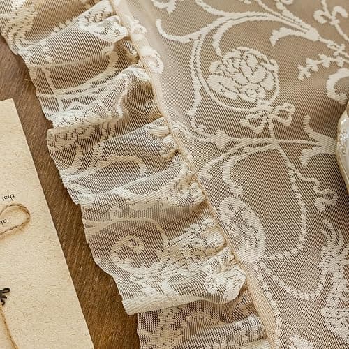 TUDECO Beige Lace Curtains for Bedroom - Floral Sheer Boho Crochet Curtains 63 Inch Length, Natural Ruffle Short Rod Pocket Light Filtering Window Treatment Grandma Core Decor, 59 x 63 Inch thumbnail 6