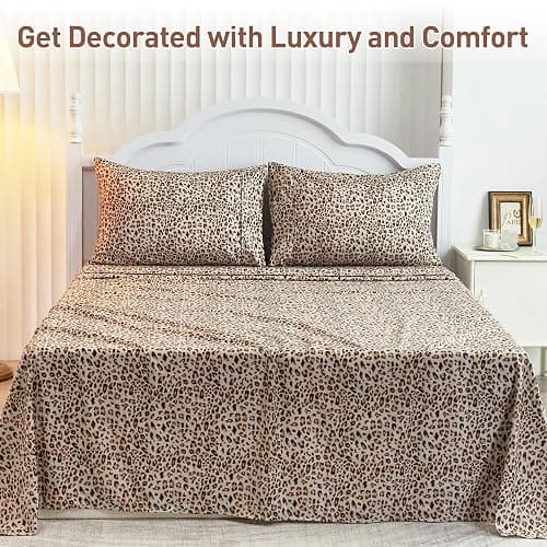 Drozeeo Queen Leopard Print Sheets, Cheetah Pattern Queen Size Sheet Set with Elastic Corner Straps, Soft Microfiber Animal Bedsheet, Brown thumbnail 3