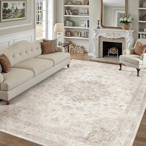 PureCozy Beige Area Rug 8x10 Washable Vintage Carpet for Living Room Bedroom Large Soft Retro Low Pile Thin Indoor Rug Non Slip Oriental Medallion Floor Cover for Dining Room Office thumbnail 2