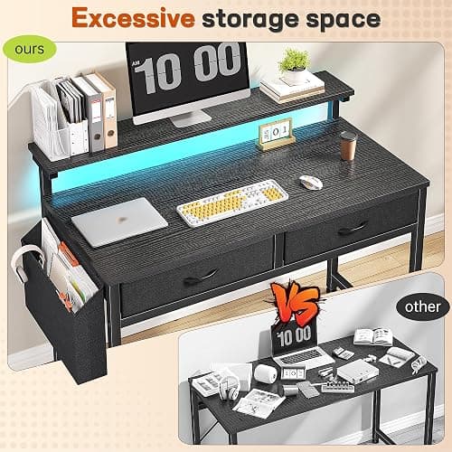 DurayLoly 31.5Inch Office Computer Desk with LED Lights & 2 Fabric Drawers, Gaming Desk with Side Pocket & Ergonomic Monitor Stand, Small Space Study Writing Table with Anti-Tip Design,Black thumbnail 7