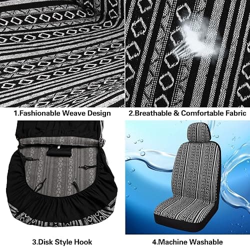Pariitadin Baja Saddle Blanket Car Seat Covers Full Set with Seat Belt Pads, Washable Breathable Striped Woven Cloth Seat Covers for Cars, Universal Fit Most Cars, Airbag Compatible, Black/White thumbnail 7