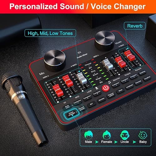 Podcast Microphone Bundle with Live Sound Card Audio Mixer, Podcast Equipment Bundle with Two 3.5mm Condenser Microphones for Pc/Phone Live Streaming Singing Gaming, Voice Changer, Denoise - G1+2*MIC thumbnail 2