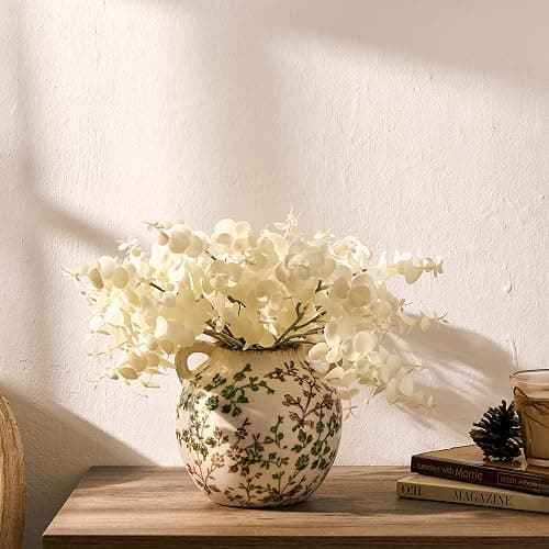 Green and Beige Antique Vase, 5.6 Inch Vintage Chinoiserie Floral Vase, Rustic Ceramic Vase for Home Decor, Living Room, Bookshelf, Office, Entryway, Garden, Chinoiserie Decor, Tuscan Decor thumbnail 4