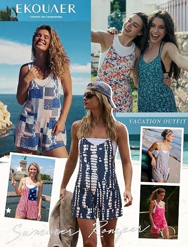 Ekouaer Rompers for Women Summer Casual Sleeveless Short Overalls Boho Spaghetti Strap Shorts Jumpsuit with Pockets thumbnail 6
