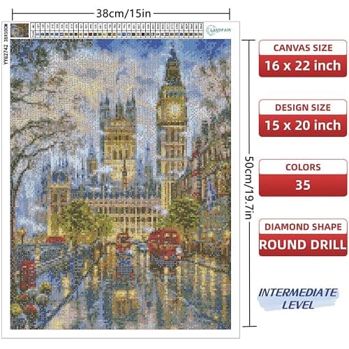 LANDFAIR Diamond Painting Kits - 15x20 inch Round Full Drill Big Ben London Diamond Art Kits for Adults thumbnail 2