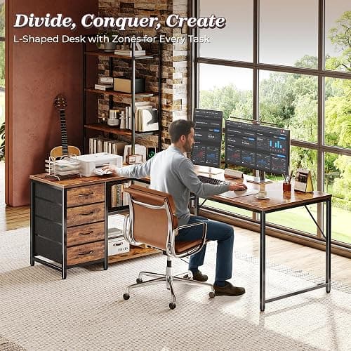 PRAISUN 61" L Shaped Desk with Power Outlets and USB-C Port, Reversible Computer Corner Office Desk with 4 Fabric Drawers and 2 Height-Adjustable Shelves, Large for Gaming Writing Study, Rustic Brown thumbnail 2