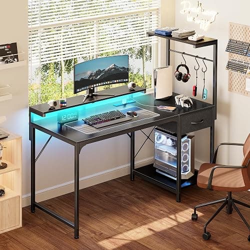 PRAISUN 47.2 Inch Gaming Desk with LED Lights & Power Outlets | Computer Desk with Drawer & Storage Shelves, Office Writing Desk with Monitor Stand for Work from Home, Black thumbnail 2