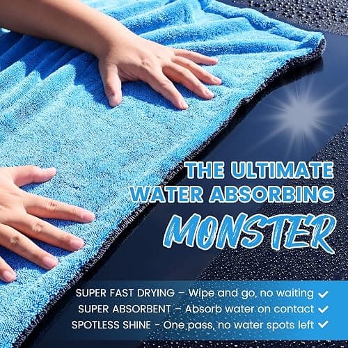 PUGPIU Car Drying Towel - 1400GSM Extra Large Super Absorbent Microfiber Towels for Cars 24"x36" - Large Edgeless with Twisted Loop, Lint-Free & Streak-Free for Auto Detailing, SUV, Truck (Blue) thumbnail 3